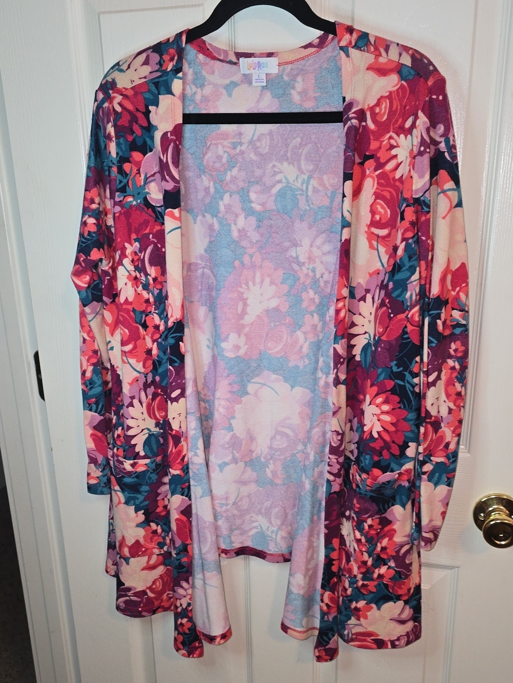 LuLaRoe Floral Open-Front Cardigan in Pink, Burgundy & Teal